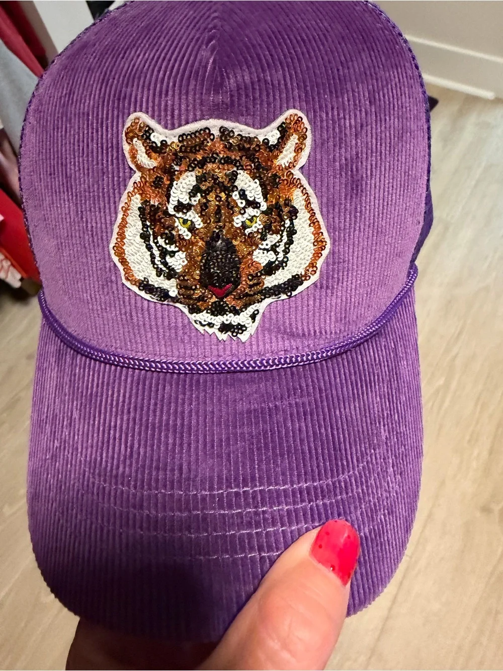 Sequin Tiger Corduroy Baseball Cap - Purple